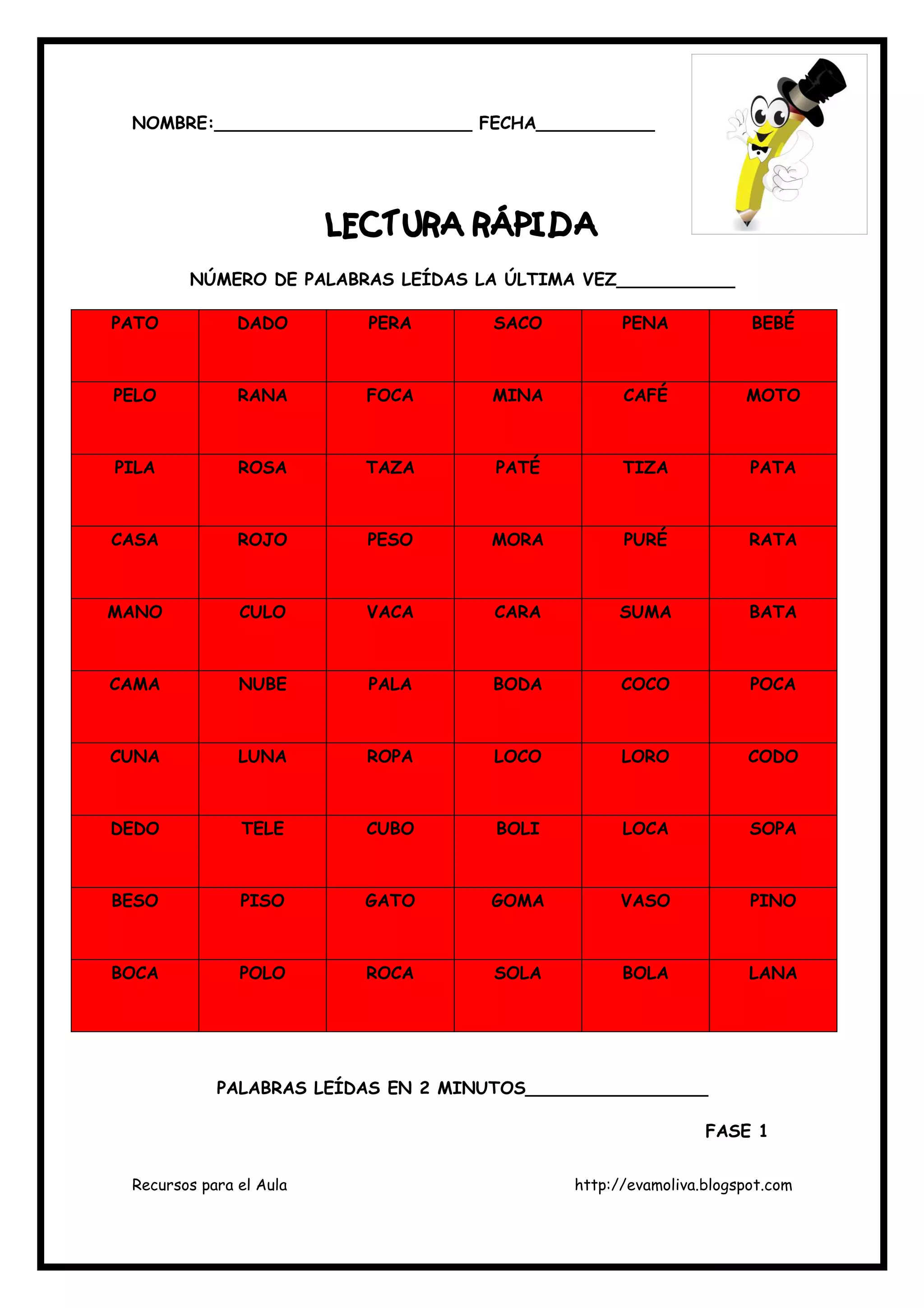 Recursos para el Aula http://evamoliva.blogspot.com
NOMBRE:________________________ FECHA___________
LECTURA RÁPIDALECTURA RÁPIDALECTURA RÁPIDALECTURA RÁPIDA
NÚMERO DE PALABRAS LEÍDAS LA ÚLTIMA VEZ___________
PATO DADO PERA SACO PENA BEBÉ
PELO RANA FOCA MINA CAFÉ MOTO
PILA ROSA TAZA PATÉ TIZA PATA
CASA ROJO PESO MORA PURÉ RATA
MANO CULO VACA CARA SUMA BATA
CAMA NUBE PALA BODA COCO POCA
CUNA LUNA ROPA LOCO LORO CODO
DEDO TELE CUBO BOLI LOCA SOPA
BESO PISO GATO GOMA VASO PINO
BOCA POLO ROCA SOLA BOLA LANA
PALABRAS LEÍDAS EN 2 MINUTOS_________________
FASE 1
 