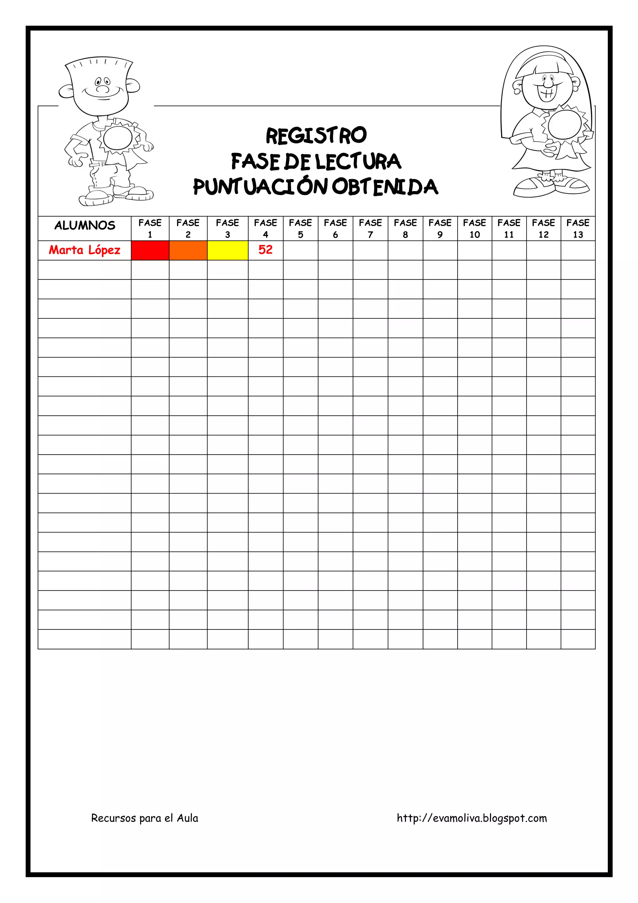 Recursos para el Aula http://evamoliva.blogspot.com
REGISTROREGISTROREGISTROREGISTRO
FASE DE LECTURAFASE DE LECTURAFASE DE LECTURAFASE DE LECTURA
PUNTUACIÓN OBTENIDAPUNTUACIÓN OBTENIDAPUNTUACIÓN OBTENIDAPUNTUACIÓN OBTENIDA
ALUMNOS FASE
1
FASE
2
FASE
3
FASE
4
FASE
5
FASE
6
FASE
7
FASE
8
FASE
9
FASE
10
FASE
11
FASE
12
FASE
13
Marta López 52
 