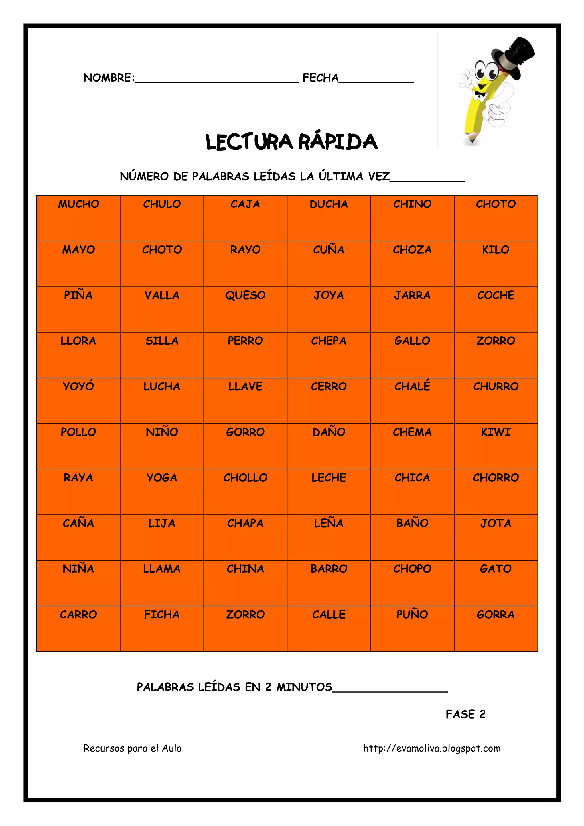 Recursos para el Aula http://evamoliva.blogspot.com
NOMBRE:________________________ FECHA___________
LECTURA RÁPIDALECTURA RÁPIDALECTURA RÁPIDALECTURA RÁPIDA
NÚMERO DE PALABRAS LEÍDAS LA ÚLTIMA VEZ___________
MUCHO CHULO CAJA DUCHA CHINO CHOTO
MAYO CHOTO RAYO CUÑA CHOZA KILO
PIÑA VALLA QUESO JOYA JARRA COCHE
LLORA SILLA PERRO CHEPA GALLO ZORRO
YOYÓ LUCHA LLAVE CERRO CHALÉ CHURRO
POLLO NIÑO GORRO DAÑO CHEMA KIWI
RAYA YOGA CHOLLO LECHE CHICA CHORRO
CAÑA LIJA CHAPA LEÑA BAÑO JOTA
NIÑA LLAMA CHINA BARRO CHOPO GATO
CARRO FICHA ZORRO CALLE PUÑO GORRA
PALABRAS LEÍDAS EN 2 MINUTOS_________________
FASE 2
 