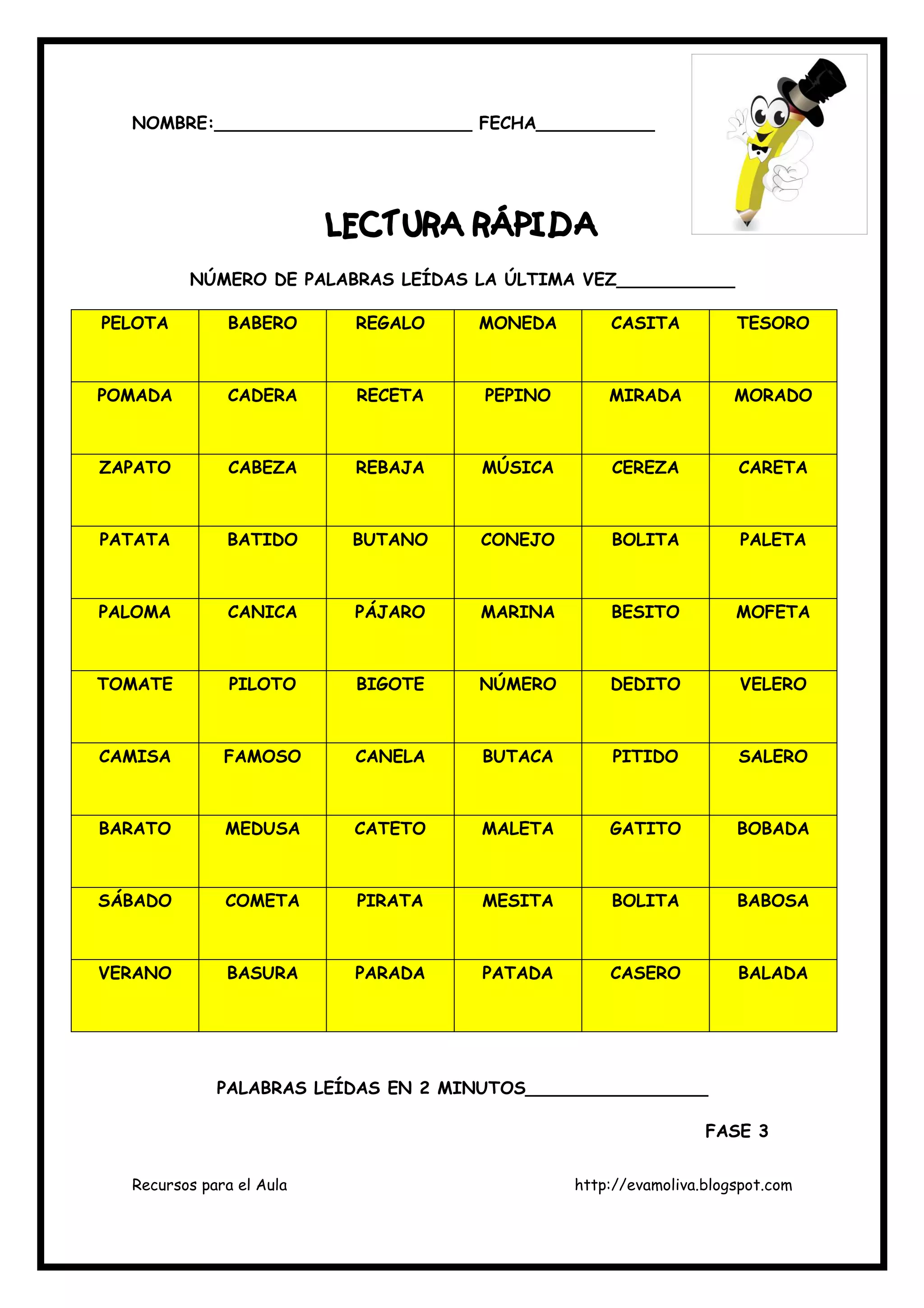 Recursos para el Aula http://evamoliva.blogspot.com
NOMBRE:________________________ FECHA___________
LECTURA RÁPIDALECTURA RÁPIDALECTURA RÁPIDALECTURA RÁPIDA
NÚMERO DE PALABRAS LEÍDAS LA ÚLTIMA VEZ___________
PELOTA BABERO REGALO MONEDA CASITA TESORO
POMADA CADERA RECETA PEPINO MIRADA MORADO
ZAPATO CABEZA REBAJA MÚSICA CEREZA CARETA
PATATA BATIDO BUTANO CONEJO BOLITA PALETA
PALOMA CANICA PÁJARO MARINA BESITO MOFETA
TOMATE PILOTO BIGOTE NÚMERO DEDITO VELERO
CAMISA FAMOSO CANELA BUTACA PITIDO SALERO
BARATO MEDUSA CATETO MALETA GATITO BOBADA
SÁBADO COMETA PIRATA MESITA BOLITA BABOSA
VERANO BASURA PARADA PATADA CASERO BALADA
PALABRAS LEÍDAS EN 2 MINUTOS_________________
FASE 3
 