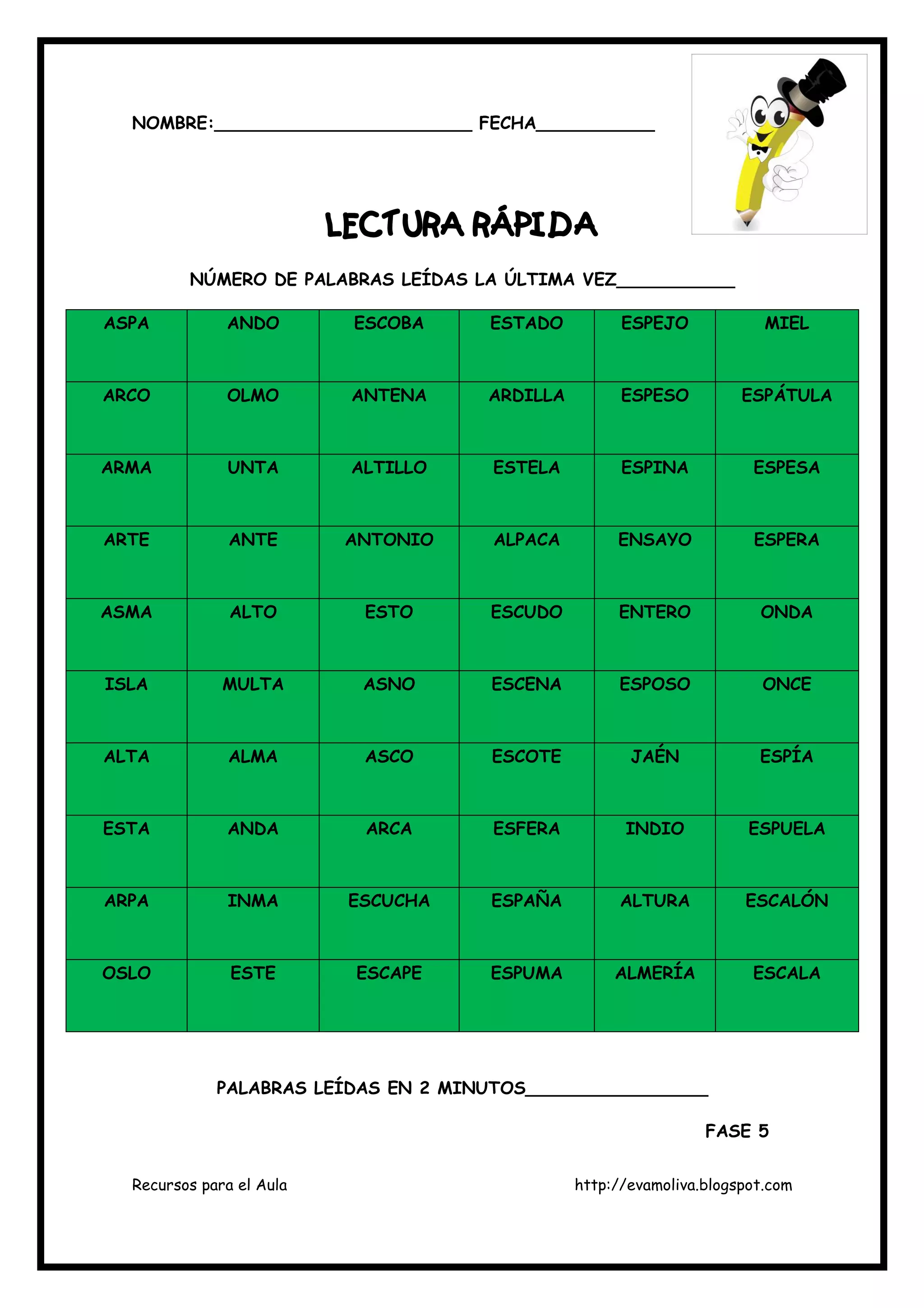 Recursos para el Aula http://evamoliva.blogspot.com
NOMBRE:________________________ FECHA___________
LECTURA RÁPIDALECTURA RÁPIDALECTURA RÁPIDALECTURA RÁPIDA
NÚMERO DE PALABRAS LEÍDAS LA ÚLTIMA VEZ___________
ASPA ANDO ESCOBA ESTADO ESPEJO MIEL
ARCO OLMO ANTENA ARDILLA ESPESO ESPÁTULA
ARMA UNTA ALTILLO ESTELA ESPINA ESPESA
ARTE ANTE ANTONIO ALPACA ENSAYO ESPERA
ASMA ALTO ESTO ESCUDO ENTERO ONDA
ISLA MULTA ASNO ESCENA ESPOSO ONCE
ALTA ALMA ASCO ESCOTE JAÉN ESPÍA
ESTA ANDA ARCA ESFERA INDIO ESPUELA
ARPA INMA ESCUCHA ESPAÑA ALTURA ESCALÓN
OSLO ESTE ESCAPE ESPUMA ALMERÍA ESCALA
PALABRAS LEÍDAS EN 2 MINUTOS_________________
FASE 5
 