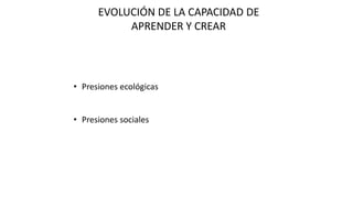 EVOLUCIÓN DE LA CAPACIDAD DE
APRENDER Y CREAR
• Presiones ecológicas
• Presiones sociales
 