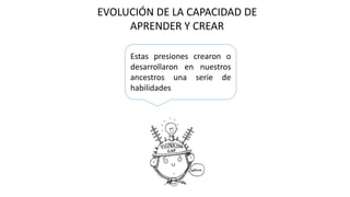 EVOLUCIÓN DE LA CAPACIDAD DE
APRENDER Y CREAR
Estas presiones crearon o
desarrollaron en nuestros
ancestros una serie de
habilidades
 