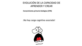EVOLUCIÓN DE LA CAPACIDAD DE
APRENDER Y CREAR
Conocimiento primario biológico (CPB)
¡No hay carga cognitiva asociada!
 