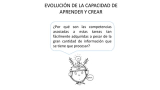 EVOLUCIÓN DE LA CAPACIDAD DE
APRENDER Y CREAR
¿Por qué son las competencias
asociadas a estas tareas tan
fácilmente adquiridas a pesar de la
gran cantidad de información que
se tiene que procesar?
 