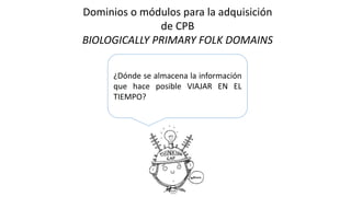 Dominios o módulos para la adquisición
de CPB
BIOLOGICALLY PRIMARY FOLK DOMAINS
¿Dónde se almacena la información
que hace posible VIAJAR EN EL
TIEMPO?
 