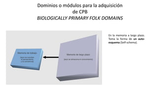 Dominios o módulos para la adquisición
de CPB
BIOLOGICALLY PRIMARY FOLK DOMAINS
En la memoria a largo plazo.
Toma la forma de un auto-
esquema (Self-schema).
 