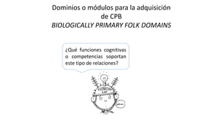 Dominios o módulos para la adquisición
de CPB
BIOLOGICALLY PRIMARY FOLK DOMAINS
¿Qué funciones cognitivas
o competencias soportan
este tipo de relaciones?
 
