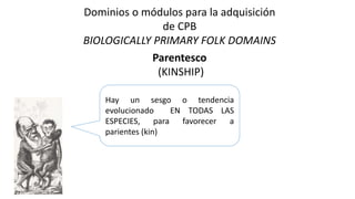 Hay un sesgo o tendencia
evolucionado EN TODAS LAS
ESPECIES, para favorecer a
parientes (kin)
Dominios o módulos para la adquisición
de CPB
BIOLOGICALLY PRIMARY FOLK DOMAINS
Parentesco
(KINSHIP)
 