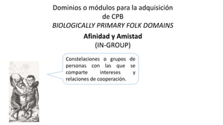 Constelaciones o grupos de
personas con las que se
comparte intereses y
relaciones de cooperación.
Dominios o módulos para la adquisición
de CPB
BIOLOGICALLY PRIMARY FOLK DOMAINS
Afinidad y Amistad
(IN-GROUP)
 