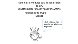 ¿Qué regula, rige o
modula las relaciones
de grupo?
Dominios o módulos para la adquisición
de CPB
BIOLOGICALLY PRIMARY FOLK DOMAINS
Relaciones de grupo
(Group)
 