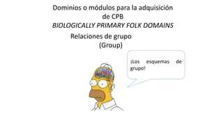 ¡Los esquemas de
grupo!
Dominios o módulos para la adquisición
de CPB
BIOLOGICALLY PRIMARY FOLK DOMAINS
Relaciones de grupo
(Group)
 