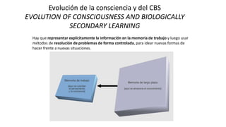 Evolución de la consciencia y del CBS
EVOLUTION OF CONSCIOUSNESS AND BIOLOGICALLY
SECONDARY LEARNING
Hay que representar explícitamente la información en la memoria de trabajo y luego usar
métodos de resolución de problemas de forma controlada, para idear nuevas formas de
hacer frente a nuevas situaciones.
 