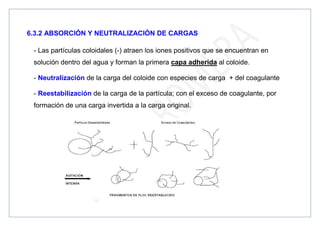 6.3.2 ABSORCIÓN Y NEUTRALIZACIÓN DE CARGAS
- Las partículas coloidales (-) atraen los iones positivos que se encuentran en
solución dentro del agua y forman la primera capa adherida al coloide.
- Neutralización de la carga del coloide con especies de carga + del coagulante
- Reestabilización de la carga de la partícula; con el exceso de coagulante, por
formación de una carga invertida a la carga original.
 