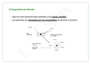 b) Coagulación por Barrido.
- Agua es clara (presenta baja turbiedad) y hay pocos coloides
- Las partículas son atrapadas por los precipitados de aluminio o de hierro
 