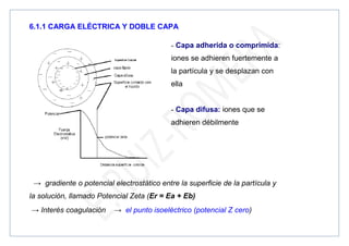 6.1.1 CARGA ELÉCTRICA Y DOBLE CAPA
- Capa adherida o comprimida:
iones se adhieren fuertemente a
la partícula y se desplazan con
ella
- Capa difusa: iones que se
adhieren débilmente
→ gradiente o potencial electrostático entre la superficie de la partícula y
la solución, llamado Potencial Zeta (Er = Ea + Eb)
→ Interés coagulación → el punto isoeléctrico (potencial Z cero)
 