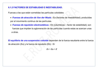 6.1.2 FACTORES DE ESTABILIDAD E INESTABILIDAD.
Fuerzas a las que están sometidas las partículas coloidales:
• Fuerzas de atracción de Van der Waals : Ea (factores de Inestabilidad); producidas
por el movimiento continuo de las partículas.
• Fuerzas de repulsión electrostáticas : Eb (columbicas – factor de estabilidad); son
fuerzas que impiden la aglomeración de las partículas cuando estas se acercan unas
a otras.
El equilibrio de una suspensión coloidal dependen de la fuerza resultante entre la fuerza
de atracción (Ea) y la fuerza de repulsión (Eb) : Er
Er = Ea + E
 