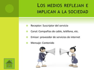 L OS MEDIOS REFLEJAN E
         IMPLICAN A LA SOCIEDAD


   Receptor: Suscriptor del servicio

   Canal: Compañías de cable, teléfono, etc.

   Emisor: proveedor de servicios de internet

   Mensaje: Contenido
 