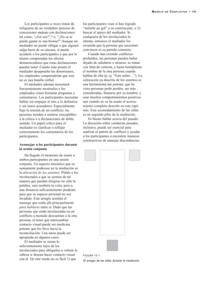 Los participantes a veces tratan de
refugiarse de un verdadero proceso de
concesiones mutuas con declaraciones
tal como, “¡Así soy!”,9 o, “¿No se te
puede gastar ni una broma?” Aunque un
mediador no puede obligar a que alguien
salga fuera de su cáscara, sí puede
ayudarle a los participantes a que por lo
menos comprendan los efectos
desmerecedores que estas declaraciones
pueden tener. Cuanto más pronto el
mediador desapruebe las distorsiones,
los empleados comprenderán que esto
no es una batalla verbal.
El mediador además necesitará
frecuentemente mostrarles a los
empleados cómo formular preguntas y
comentarios. Los participantes necesitan
hablar sin empujar al otro a la defensiva
y sin tonos acusadores. Especialmente
bajo la tensión de un conflicto, las
personas tienden a sentirse susceptibles
a la crítica o a declaraciones de doble
sentido. Un papel crítico para el
mediador es clarificar o reflejar
correctamente los comentarios de los
participantes.
Aconsejar a los participantes durante
la sesión conjunta
Ha llegado el momento de reunir a
ambos participantes en una sesión
conjunta. Un aspecto mecánico que es
sumamente poderoso en la mediación es
la ubicación de los asientos. Pídale a los
involucrados a que se sienten de tal
manera que puedan dirigirse no sólo la
palabra, sino también la vista, pero a
una distancia suficientemente prudente
para que su espacio personal no sea
invadido. Este arreglo acentúa el
mensaje que están allí principalmente
para hablarse entre sí. Dado que las
personas que están involucradas en un
conflicto a menudo descuentan a la otra
persona, el tener que intercambiar
contacto visual puede ser medicina
potente que los lleve hacia la
reconciliación. Una mesa puede ser
apropiada en algunos casos.
El mediador se sienta lo
suficientemente lejos de los
involucrados para obligarlos a voltear la
cabeza si desean hacer contacto visual
con él. De este modo no es fácil 1) que
los participantes vean si han logrado
“meterle un gol” a su contrincante, o 2)
buscar el apoyo del mediador. Si
cualquiera de los involucrados lo
intenta, entonces el mediador les
recuerda que la persona que necesitan
convencer es su partido contrario.
Cuando han existido conflictos
profundos, las personas pueden haber
dejado de saludarse o mirarse, se tratan
con falta de cortesía, y hasta reemplazan
el nombre de la otra persona cuando
hablan de ella (p. ej. “Este señor…”). La
colocación ya descrita de los asientos es
una herramienta tan potente, que he
visto personas pedir perdón, ser más
consideradas, llamarse por su nombre, y
usar muchos comportamientos positivos
aun cuando no se ha usado el acerca-
miento completo descrito en este capí-
tulo. Este acomodamiento de las sillas
es un segundo pilar de la mediación.
Es bueno hablar acerca del pasado.
La discusión sobre conductas pasadas,
inclusive, puede ser esencial para
analizar el patrón de conflicto y ayudar
a los participantes a encontrar maneras
constructivas de manejar discordancias
MANEJO DE CONFLICTOS • 191
FIGURA 13-1
El arreglo de las sillas durante la mediación.
 