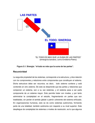 “EL TODO ES MAS QUE LA SUMA DE LAS PARTES” 
(emerge la bandera, como Emblema Patrio) 
EL TODO: SINERGIA 
LAS PARTES 
Figura 5.1. Sinergia: “el todo es más que la suma de las partes”. 
Recursividad 
La segunda propiedad de los sistemas, corresponde a la estructura, y dice relación 
con los componentes y relaciones entre componentes que constituyen al sistema. 
Dicha estructura debe ser recursiva, es decir, todo sistema contiene y está 
contenido en otro sistema. De esto se desprende que las partes y relaciones que 
componen un sistema, son a su vez sistemas, y el sistema pasa a ser parte 
componente de un sistema mayor. Esto permite tratar con niveles, y por tanto 
administrar la complejidad en el estudio, fragmentando en partes que son 
totalidades, sin perder el sentido global o patrón coherente del sistema enfocado. 
En organizaciones humanas, esto se da como sistemas autónomos, formando 
parte de una totalidad, también autónoma con respecto a su nivel superior. Este 
despliegue de complejidad de sistemas o niveles de resolución, es lo que algunos 
 
