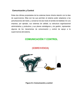 Comunicación y Control 
Estas dos últimas propiedades de los sistemas tienen directa relación con la idea 
de supervivencia. Ellas son las que permiten al sistema poder adaptarse a las 
perturbaciones del medio, y conservar de ese modo el sentido de totalidad. En una 
empresa, por ejemplo, sus sistemas de calidad, su estructura organizacional 
administrativa y productiva y sus planes estratégicos y de gestión, representan 
algunos de los mecanismos de comunicación y control de apoyo a la 
supervivencia del sistema. 
COMUNICACIÓN Y CONTROL 
(SOBREVIVENCIA) 
Figura 5.3. Comunicación y control 
 