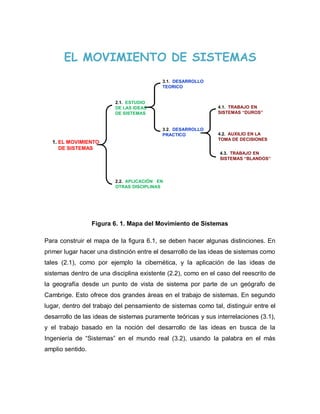 1. EL MOVIMIENTO 
DE SISTEMAS 
2.1. ESTUDIO 
DE LAS IDEAS 
DE SISTEMAS 
2.2. APLICACIÓN EN 
OTRAS DISCIPLINAS 
3.1. DESARROLLO 
TEORICO 
3.2. DESARROLLO 
PRACTICO 
4.1. TRABAJO EN 
SISTEMAS “DUROS” 
4.2. AUXILIO EN LA 
TOMA DE DECISIONES 
4.3. TRABAJO EN 
SISTEMAS “BLANDOS” 
EL MOVIMIENTO DE SISTEMAS 
Figura 6. 1. Mapa del Movimiento de Sistemas 
Para construir el mapa de la figura 6.1, se deben hacer algunas distinciones. En 
primer lugar hacer una distinción entre el desarrollo de las ideas de sistemas como 
tales (2.1), como por ejemplo la cibernética, y la aplicación de las ideas de 
sistemas dentro de una disciplina existente (2.2), como en el caso del reescrito de 
la geografía desde un punto de vista de sistema por parte de un geógrafo de 
Cambrige. Esto ofrece dos grandes áreas en el trabajo de sistemas. En segundo 
lugar, dentro del trabajo del pensamiento de sistemas como tal, distinguir entre el 
desarrollo de las ideas de sistemas puramente teóricas y sus interrelaciones (3.1), 
y el trabajo basado en la noción del desarrollo de las ideas en busca de la 
Ingeniería de “Sistemas” en el mundo real (3.2), usando la palabra en el más 
amplio sentido. 
 