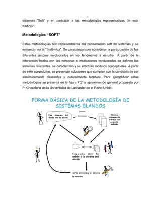 sistemas "Soft" y en particular a las metodologías representativas de esta 
tradición. 
Metodologías “SOFT” 
Estas metodologías son representativas del pensamiento soft de sistemas y se 
enmarcan en la "Sistémica". Se caracterizan por considerar la participación de los 
diferentes actores involucrados en los fenómenos a estudiar. A partir de la 
interacción hecha con las personas e instituciones involucradas se definen los 
sistemas relevantes, se caracterizan y se efectúan modelos conceptuales. A partir 
de este aprendizaje, se presentan soluciones que cumplan con la condición de ser 
sistémicamente deseables y culturalmente factibles. Para ejemplificar estas 
metodologías se presenta en la figura 7.2 la aproximación general propuesta por 
P. Checkland de la Universidad de Lancaster en el Reino Unido. 
FORMA BÁSICA DE LA METODOLOGÍA DE 
SISTEMAS BLANDOS 
 