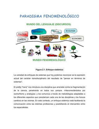 Figura 2.1. Enfoque sistémico 
La variedad de enfoques de sistemas que hoy podemos reconocer es la expresión actual del carácter transdisciplinario del resultado de "pensar en términos de sistemas". 
El prefijo "trans" nos introduce una disciplina que arremete contra la fragmentación de la ciencia, penetrando en todos sus campos -interconectándolos por isomorfismo y analogías- y los comunica a través de metodologías adaptables a los diferentes aspectos que caracterizan cada una de las disciplinas y los futuros cambios en las mismas. En este contexto, un enfoque sistémico está facilitando la comunicación entre las distintas profesiones y posibilitando el intercambio entre los especialistas. 
 