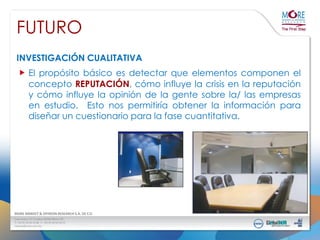 FUTURO
INVESTIGACIÓN CUALITATIVA

El propósito básico es detectar que elementos componen el
concepto REPUTACIÓN, cómo influye la crisis en la reputación
y cómo influye la opinión de la gente sobre la/ las empresas
en estudio. Esto nos permitiría obtener la información para
diseñar un cuestionario para la fase cuantitativa.

 