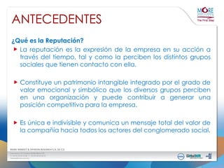 ANTECEDENTES
¿Qué es la Reputación?
La reputación es la expresión de la empresa en su acción a
través del tiempo, tal y como la perciben los distintos grupos
sociales que tienen contacto con ella.

Constituye un patrimonio intangible integrado por el grado de
valor emocional y simbólico que los diversos grupos perciben
en una organización y puede contribuir a generar una
posición competitiva para la empresa.
Es única e indivisible y comunica un mensaje total del valor de
la compañía hacia todos los actores del conglomerado social.

 