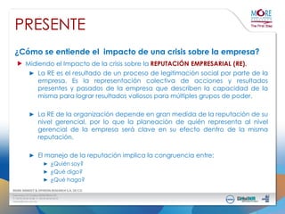 PRESENTE
¿Cómo se entiende el impacto de una crisis sobre la empresa?
Midiendo el Impacto de la crisis sobre la REPUTACIÓN EMPRESARIAL (RE).
► La RE es el resultado de un proceso de legitimación social por parte de la
empresa. Es la representación colectiva de acciones y resultados
presentes y pasados de la empresa que describen la capacidad de la
misma para lograr resultados valiosos para múltiples grupos de poder.
► La RE de la organización depende en gran medida de la reputación de su

nivel gerencial, por lo que la planeación de quién representa al nivel
gerencial de la empresa será clave en su efecto dentro de la misma
reputación.

► El manejo de la reputación implica la congruencia entre:
► ¿Quién soy?
► ¿Qué digo?
► ¿Qué hago?

 