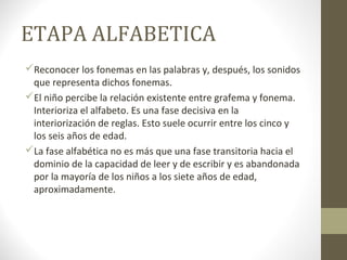 ETAPA ALFABETICA
Reconocer los fonemas en las palabras y, después, los sonidos
 que representa dichos fonemas.
El niño percibe la relación existente entre grafema y fonema.
 Interioriza el alfabeto. Es una fase decisiva en la
 interiorización de reglas. Esto suele ocurrir entre los cinco y
 los seis años de edad.
La fase alfabética no es más que una fase transitoria hacia el
 dominio de la capacidad de leer y de escribir y es abandonada
 por la mayoría de los niños a los siete años de edad,
 aproximadamente.
 