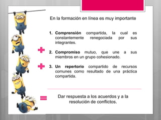 En la formación en línea es muy importante
1. Comprensión compartida, la cual es
constantemente renegociada por sus
integrantes.
2. Compromiso mutuo, que une a sus
miembros en un grupo cohesionado.
3. Un repertorio compartido de recursos
comunes como resultado de una práctica
compartida.
Dar respuesta a los acuerdos y a la
resolución de conflictos.
 