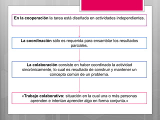 «Trabajo colaborativo: situación en la cual una o más personas
aprenden e intentan aprender algo en forma conjunta.»
En la cooperación la tarea está diseñada en actividades independientes.
La coordinación sólo es requerida para ensamblar los resultados
parciales.
La colaboración consiste en haber coordinado la actividad
sincrónicamente, lo cual es resultado de construir y mantener un
concepto común de un problema.
 