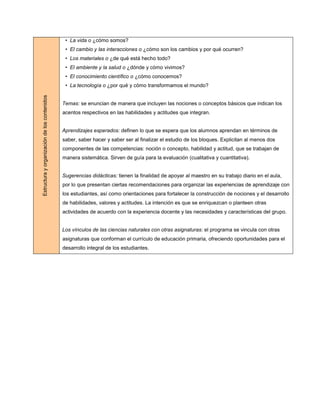 • La vida o ¿cómo somos?
                                               • El cambio y las interacciones o ¿cómo son los cambios y por qué ocurren?
                                               • Los materiales o ¿de qué está hecho todo?
                                               • El ambiente y la salud o ¿dónde y cómo vivimos?
                                               • El conocimiento científico o ¿cómo conocemos?
                                               • La tecnología o ¿por qué y cómo transformamos el mundo?
Estructura y organización de los contenidos




                                              Temas: se enuncian de manera que incluyen las nociones o conceptos básicos que indican los
                                              acentos respectivos en las habilidades y actitudes que integran.


                                              Aprendizajes esperados: definen lo que se espera que los alumnos aprendan en términos de
                                              saber, saber hacer y saber ser al finalizar el estudio de los bloques. Explicitan al menos dos
                                              componentes de las competencias: noción o concepto, habilidad y actitud, que se trabajan de
                                              manera sistemática. Sirven de guía para la evaluación (cualitativa y cuantitativa).


                                              Sugerencias didácticas: tienen la finalidad de apoyar al maestro en su trabajo diario en el aula,
                                              por lo que presentan ciertas recomendaciones para organizar las experiencias de aprendizaje con
                                              los estudiantes, así como orientaciones para fortalecer la construcción de nociones y el desarrollo
                                              de habilidades, valores y actitudes. La intención es que se enriquezcan o planteen otras
                                              actividades de acuerdo con la experiencia docente y las necesidades y características del grupo.


                                              Los vínculos de las ciencias naturales con otras asignaturas: el programa se vincula con otras
                                              asignaturas que conforman el currículo de educación primaria, ofreciendo oportunidades para el
                                              desarrollo integral de los estudiantes.
 