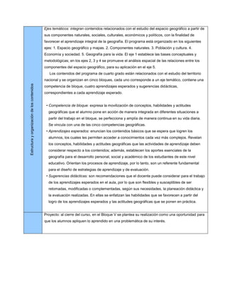 Ejes temáticos: integran contenidos relacionados con el estudio del espacio geográfico a partir de
                                              sus componentes naturales, sociales, culturales, económicos y políticos, con la finalidad de
                                              favorecer el aprendizaje integral de la geografía. El programa está organizado en los siguientes
                                              ejes: 1. Espacio geográfico y mapas. 2. Componentes naturales. 3. Población y cultura. 4.
                                              Economía y sociedad. 5. Geografía para la vida. El eje 1 establece las bases conceptuales y
                                              metodológicas; en los ejes 2, 3 y 4 se promueve el análisis espacial de las relaciones entre los
                                              componentes del espacio geográfico, para su aplicación en el eje 5.
                                                 Los contenidos del programa de cuarto grado están relacionados con el estudio del territorio
                                              nacional y se organizan en cinco bloques, cada uno corresponde a un eje temático, contiene una
Estructura y organización de los contenidos




                                              competencia de bloque, cuatro aprendizajes esperados y sugerencias didácticas,
                                              correspondientes a cada aprendizaje esperado.


                                               • Competencia de bloque: expresa la movilización de conceptos, habilidades y actitudes
                                                geográficas que el alumno pone en acción de manera integrada en diferentes situaciones a
                                                partir del trabajo en el bloque, se perfecciona y amplía de manera continua en su vida diaria.
                                                Se vincula con una de las cinco competencias geográficas.
                                               • Aprendizajes esperados: enuncian los contenidos básicos que se espera que logren los
                                                alumnos, los cuales les permiten acceder a conocimientos cada vez más complejos. Revelan
                                                los conceptos, habilidades y actitudes geográficas que las actividades de aprendizaje deben
                                                considerar respecto a los contenidos; además, establecen los aportes esenciales de la
                                                geografía para el desarrollo personal, social y académico de los estudiantes de este nivel
                                                educativo. Orientan los procesos de aprendizaje, por lo tanto, son un referente fundamental
                                                para el diseño de estrategias de aprendizaje y de evaluación.
                                               • Sugerencias didácticas: son recomendaciones que el docente puede considerar para el trabajo
                                                de los aprendizajes esperados en el aula, por lo que son flexibles y susceptibles de ser
                                                retomadas, modificadas o complementadas, según sus necesidades, la planeación didáctica y
                                                la evaluación realizadas. En ellas se enfatizan las habilidades que se favorecen a partir del
                                                logro de los aprendizajes esperados y las actitudes geográficas que se ponen en práctica.


                                              Proyecto: al cierre del curso, en el Bloque V se plantea su realización como una oportunidad para
                                              que los alumnos apliquen lo aprendido en una problemática de su interés.
 