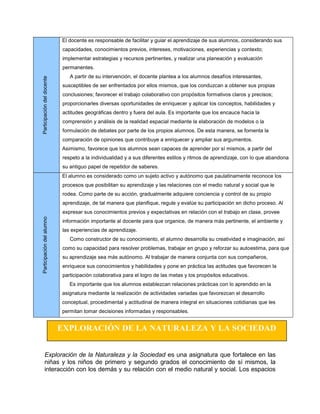 El docente es responsable de facilitar y guiar el aprendizaje de sus alumnos, considerando sus
                            capacidades, conocimientos previos, intereses, motivaciones, experiencias y contexto;
                            implementar estrategias y recursos pertinentes, y realizar una planeación y evaluación
                            permanentes.
                               A partir de su intervención, el docente plantea a los alumnos desafíos interesantes,
Participación del docente




                            susceptibles de ser enfrentados por ellos mismos, que los conduzcan a obtener sus propias
                            conclusiones; favorecer el trabajo colaborativo con propósitos formativos claros y precisos;
                            proporcionarles diversas oportunidades de enriquecer y aplicar los conceptos, habilidades y
                            actitudes geográficas dentro y fuera del aula. Es importante que los encauce hacia la
                            comprensión y análisis de la realidad espacial mediante la elaboración de modelos o la
                            formulación de debates por parte de los propios alumnos. De esta manera, se fomenta la
                            comparación de opiniones que contribuye a enriquecer y ampliar sus argumentos.
                            Asimismo, favorece que los alumnos sean capaces de aprender por sí mismos, a partir del
                            respeto a la individualidad y a sus diferentes estilos y ritmos de aprendizaje, con lo que abandona
                            su antiguo papel de repetidor de saberes.
                            El alumno es considerado como un sujeto activo y autónomo que paulatinamente reconoce los
                            procesos que posibilitan su aprendizaje y las relaciones con el medio natural y social que le
                            rodea. Como parte de su acción, gradualmente adquiere conciencia y control de su propio
                            aprendizaje, de tal manera que planifique, regule y evalúe su participación en dicho proceso. Al
                            expresar sus conocimientos previos y expectativas en relación con el trabajo en clase, provee
Participación del alumno




                            información importante al docente para que organice, de manera más pertinente, el ambiente y
                            las experiencias de aprendizaje.
                               Como constructor de su conocimiento, el alumno desarrolla su creatividad e imaginación, así
                            como su capacidad para resolver problemas, trabajar en grupo y reforzar su autoestima, para que
                            su aprendizaje sea más autónomo. Al trabajar de manera conjunta con sus compañeros,
                            enriquece sus conocimientos y habilidades y pone en práctica las actitudes que favorecen la
                            participación colaborativa para el logro de las metas y los propósitos educativos.
                               Es importante que los alumnos establezcan relaciones prácticas con lo aprendido en la
                            asignatura mediante la realización de actividades variadas que favorezcan el desarrollo
                            conceptual, procedimental y actitudinal de manera integral en situaciones cotidianas que les
                            permitan tomar decisiones informadas y responsables.


                            EXPLORACIÓN DE LA NATURALEZA Y LA SOCIEDAD


        Exploración de la Naturaleza y la Sociedad es una asignatura que fortalece en las
        niñas y los niños de primero y segundo grados el conocimiento de sí mismos, la
        interacción con los demás y su relación con el medio natural y social. Los espacios
 