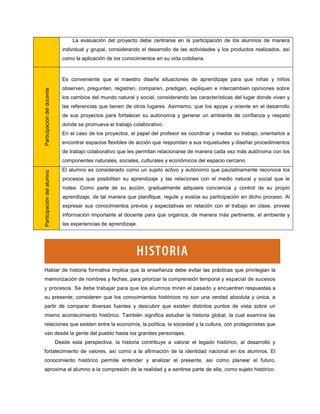 La evaluación del proyecto debe centrarse en la participación de los alumnos de manera
                               individual y grupal, considerando el desarrollo de las actividades y los productos realizados, así
                               como la aplicación de los conocimientos en su vida cotidiana.



                               Es conveniente que el maestro diseñe situaciones de aprendizaje para que niñas y niños
                               observen, pregunten, registren, comparen, predigan, expliquen e intercambien opiniones sobre
Participación del docente




                               los cambios del mundo natural y social, considerando las características del lugar donde viven y
                               las referencias que tienen de otros lugares. Asimismo, que los apoye y oriente en el desarrollo
                               de sus proyectos para fortalecer su autonomía y generar un ambiente de confianza y respeto
                               donde se promueva el trabajo colaborativo.
                               En el caso de los proyectos, el papel del profesor es coordinar y mediar su trabajo, orientarlos a
                               encontrar espacios flexibles de acción que respondan a sus inquietudes y diseñar procedimientos
                               de trabajo colaborativo que les permitan relacionarse de manera cada vez más autónoma con los
                               componentes naturales, sociales, culturales y económicos del espacio cercano.
                               El alumno es considerado como un sujeto activo y autónomo que paulatinamente reconoce los
Participación del alumno




                               procesos que posibilitan su aprendizaje y las relaciones con el medio natural y social que le
                               rodea. Como parte de su acción, gradualmente adquiere conciencia y control de su propio
                               aprendizaje, de tal manera que planifique, regule y evalúe su participación en dicho proceso. Al
                               expresar sus conocimientos previos y expectativas en relación con el trabajo en clase, provee
                               información importante al docente para que organice, de manera más pertinente, el ambiente y
                               las experiencias de aprendizaje.




Hablar de historia formativa implica que la enseñanza debe evitar las prácticas que privilegian la
memorización de nombres y fechas, para priorizar la comprensión temporal y espacial de sucesos
y procesos. Se debe trabajar para que los alumnos miren el pasado y encuentren respuestas a
su presente; consideren que los conocimientos históricos no son una verdad absoluta y única, a
partir de comparar diversas fuentes y descubrir que existen distintos puntos de vista sobre un
mismo acontecimiento histórico. También significa estudiar la historia global, la cual examina las
relaciones que existen entre la economía, la política, la sociedad y la cultura, con protagonistas que
van desde la gente del pueblo hasta los grandes personajes.
                            Desde esta perspectiva, la historia contribuye a valorar el legado histórico, al desarrollo y
fortalecimiento de valores, así como a la afirmación de la identidad nacional en los alumnos. El
conocimiento histórico permite entender y analizar el presente, así como planear el futuro,
aproxima al alumno a la compresión de la realidad y a sentirse parte de ella, como sujeto histórico.
 
