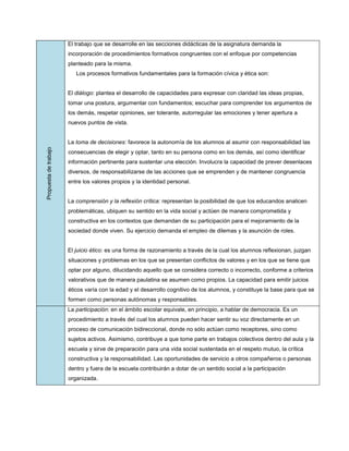 El trabajo que se desarrolle en las secciones didácticas de la asignatura demanda la
                       incorporación de procedimientos formativos congruentes con el enfoque por competencias
                       planteado para la misma.
                          Los procesos formativos fundamentales para la formación cívica y ética son:


                       El diálogo: plantea el desarrollo de capacidades para expresar con claridad las ideas propias,
                       tomar una postura, argumentar con fundamentos; escuchar para comprender los argumentos de
                       los demás, respetar opiniones, ser tolerante, autorregular las emociones y tener apertura a
                       nuevos puntos de vista.


                       La toma de decisiones: favorece la autonomía de los alumnos al asumir con responsabilidad las
Propuesta de trabajo




                       consecuencias de elegir y optar, tanto en su persona como en los demás, así como identificar
                       información pertinente para sustentar una elección. Involucra la capacidad de prever desenlaces
                       diversos, de responsabilizarse de las acciones que se emprenden y de mantener congruencia
                       entre los valores propios y la identidad personal.


                       La comprensión y la reflexión crítica: representan la posibilidad de que los educandos analicen
                       problemáticas, ubiquen su sentido en la vida social y actúen de manera comprometida y
                       constructiva en los contextos que demandan de su participación para el mejoramiento de la
                       sociedad donde viven. Su ejercicio demanda el empleo de dilemas y la asunción de roles.


                       El juicio ético: es una forma de razonamiento a través de la cual los alumnos reflexionan, juzgan
                       situaciones y problemas en los que se presentan conflictos de valores y en los que se tiene que
                       optar por alguno, dilucidando aquello que se considera correcto o incorrecto, conforme a criterios
                       valorativos que de manera paulatina se asumen como propios. La capacidad para emitir juicios
                       éticos varía con la edad y el desarrollo cognitivo de los alumnos, y constituye la base para que se
                       formen como personas autónomas y responsables.
                       La participación: en el ámbito escolar equivale, en principio, a hablar de democracia. Es un
                       procedimiento a través del cual los alumnos pueden hacer sentir su voz directamente en un
                       proceso de comunicación bidireccional, donde no sólo actúan como receptores, sino como
                       sujetos activos. Asimismo, contribuye a que tome parte en trabajos colectivos dentro del aula y la
                       escuela y sirve de preparación para una vida social sustentada en el respeto mutuo, la crítica
                       constructiva y la responsabilidad. Las oportunidades de servicio a otros compañeros o personas
                       dentro y fuera de la escuela contribuirán a dotar de un sentido social a la participación
                       organizada.
 