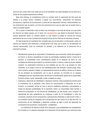 alumnos que cursan este nivel, dado que en él se identifican las potencialidades de los alumnos a
través de sus propias experiencias motrices.
    Bajo este enfoque, la competencia motriz se concibe como la capacidad del niño para dar
sentido a su propia acción, orientarla y regular sus movimientos, comprender los aspectos
perceptivos y cognitivos de la producción y control de las respuestas motrices; relacionándolas con
los sentimientos que se tienen y la toma de conciencia de lo que se sabe que se puede hacer y
cómo es posible lograrlo.
    Por su parte, el desarrollo motor no tiene una cronología ni una línea de tiempo a la que todos
los alumnos se deban ajustar, por lo tanto, las competencias que desde la educación física se
buscan desarrollar tienen un carácter abierto, lo cual implica la puesta en marcha de manera
permanente de una u otras competencias durante el paso de los niños por la educación primaria.
    En este programa se consideran las competencias que se describen a continuación; cada una
orienta una intención que interactúa y complementa a las otras, por lo tanto, no se presentan de
manera secuenciada, pues se construyen en paralelo y se observan en el transcurso de la
educación primaria.


    •   Manifestación global de la corporeidad. Considerando que la intención central del programa
        es formar un alumno competente en todas las actividades cotidianas dentro y fuera de la
        escuela, la corporeidad como manifestación global de la persona se torna en una
        competencia esencial para adquirir la conciencia sobre sí mismo y sobre la propia realidad
        corporal. La corporeidad entonces es una realidad que se vive y se practica en todo
        momento, es el cuerpo vivido en sus manifestaciones más diversas: cuando juega, baila,
        corre, entrena, estudia o trabaja. La corporeidad del alumno se edifica y recrea en el interior
        de los procesos de socialización, por lo que la escuela, se convierte en un espacio
        privilegiado para tan importante tarea. De allí que la manifestación global de la corporeidad,
        fomenta conocer, sentir, desarrollar, cuidar y aceptar el cuerpo.
    •   Expresión y desarrollo de habilidades y destrezas motrices. Esta competencia orienta hacia
        la importancia de la expresión como forma de comunicación e interacción en el ser
        humano, su propósito central es que el alumno establezca relaciones comunicativas a
        través de diversas posibilidades de la expresión motriz. La corporeidad cobra sentido a
        través de la expresión, en sus formas de manifestarse, ya sea escrita, oral o corporal. El
        aprendizaje de esta competencia se construye a partir de la investigación y toma de
        conciencia, producto de las sensaciones y percepciones inherentes a cada acción motriz, y
        se consolida cuando es integrada como herramienta de uso común en la vida del niño. La
        construcción de las habilidades y destrezas motrices se logra a partir del desarrollo de
        movimientos de locomoción, manipulación y estabilidad.
            La enseñanza de valores a través de la expresión y sus posibilidades de manifestación
        se convierte en un aspecto importante en el desarrollo de las sesiones que conforman esta
 