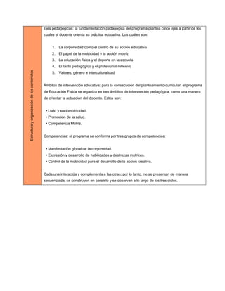 Ejes pedagógicos: la fundamentación pedagógica del programa plantea cinco ejes a partir de los
                                              cuales el docente orienta su práctica educativa. Los cuáles son:


                                                   1. La corporeidad como el centro de su acción educativa
                                                   2. El papel de la motricidad y la acción motriz
                                                   3. La educación física y el deporte en la escuela
                                                   4. El tacto pedagógico y el profesional reflexivo
Estructura y organización de los contenidos




                                                   5. Valores, género e interculturalidad


                                              Ámbitos de intervención educativa: para la consecución del planteamiento curricular, el programa
                                              de Educación Física se organiza en tres ámbitos de intervención pedagógica, como una manera
                                              de orientar la actuación del docente. Estos son:


                                               • Ludo y sociomotricidad.
                                               • Promoción de la salud.
                                               • Competencia Motriz.


                                              Competencias: el programa se conforma por tres grupos de competencias:


                                               • Manifestación global de la corporeidad.
                                               • Expresión y desarrollo de habilidades y destrezas motrices.
                                               • Control de la motricidad para el desarrollo de la acción creativa.


                                              Cada una interactúa y complementa a las otras; por lo tanto, no se presentan de manera
                                              secuenciada, se construyen en paralelo y se observan a lo largo de los tres ciclos.
 