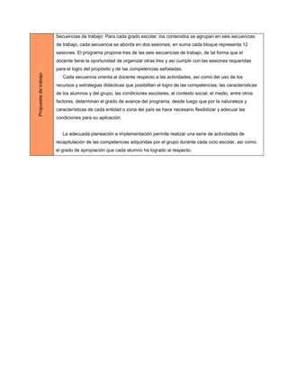 Secuencias de trabajo: Para cada grado escolar, los contenidos se agrupan en seis secuencias
                       de trabajo, cada secuencia se aborda en dos sesiones; en suma cada bloque representa 12
                       sesiones. El programa propone tres de las seis secuencias de trabajo, de tal forma que el
                       docente tiene la oportunidad de organizar otras tres y así cumplir con las sesiones requeridas
                       para el logro del propósito y de las competencias señaladas.
Propuesta de trabajo




                          Cada secuencia orienta al docente respecto a las actividades, así como del uso de los
                       recursos y estrategias didácticas que posibilitan el logro de las competencias; las características
                       de los alumnos y del grupo, las condiciones escolares, el contexto social, el medio, entre otros
                       factores, determinan el grado de avance del programa, desde luego que por la naturaleza y
                       características de cada entidad o zona del país se hace necesario flexibilizar y adecuar las
                       condiciones para su aplicación.


                          La adecuada planeación e implementación permite realizar una serie de actividades de
                       recapitulación de las competencias adquiridas por el grupo durante cada ciclo escolar, así como
                       el grado de apropiación que cada alumno ha logrado al respecto.
 