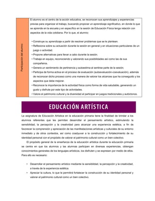El alumno es el centro de la acción educativa, se reconocen sus aprendizajes y experiencias
                               previas para organizar el trabajo, buscando propiciar un aprendizaje significativo, en donde lo que
                               se aprende en la escuela y en específico en la sesión de Educación Física tenga relación con
                               aspectos de la vida cotidiana. Por lo que, el alumno:


                                • Construye su aprendizaje a partir de resolver problemas que se le plantean.
Participación del alumno




                                • Reflexiona sobre su actuación durante la sesión en general y en situaciones particulares de un
                                 juego o actividad.
                                • Propone alternativas para llevar a cabo durante la sesión.
                                • Trabaja en equipo, reconociendo y valorando sus posibilidades así como las de sus
                                 compañeros.
                                • Genera un sentimiento de pertinencia y autoestima al sentirse parte de la sesión.
                                • Participa de forma activa en el proceso de evaluación (autoevaluación-coevaluación), además
                                 de reconocer dicho proceso como una manera de valorar los alcances que ha conseguido y los
                                 aspectos que debe mejorar.
                                • Reconoce la importancia de la actividad física como forma de vida saludable, generando un
                                 gusto y disfrute por este tipo de actividades.
                                • Valora el patrimonio cultural y la diversidad al participar en juegos tradicionales y autóctonos.




       La asignatura de Educación Artística en la educación primaria tiene la finalidad de brindar a los
       alumnos referentes que les permitan desarrollar el pensamiento artístico, estimulando la
       sensibilidad, la percepción y la creatividad para alcanzar una experiencia estética, a fin de
       favorecer la comprensión y apreciación de las manifestaciones artísticas y culturales de su entorno
       inmediato y de otros contextos, así como coadyuvar a la construcción y fortalecimiento de su
       identidad personal con el propósito de valorar el patrimonio cultural como un bien colectivo.
                           El propósito general de la enseñanza de la educación artística durante la educación primaria
       se centra en que los alumnos y las alumnas participen en diversas experiencias, obtengan
       conocimientos generales de los lenguajes artísticos, los disfruten y se expresen por medio de ellos.
       Para ello es necesario:


                           •   Desarrollar el pensamiento artístico mediante la sensibilidad, la percepción y la creatividad,
                               a través de la experiencia estética.
                           •   Apreciar la cultura, lo que le permitirá fortalecer la construcción de su identidad personal y
                               valorar el patrimonio cultural como un bien colectivo.
 