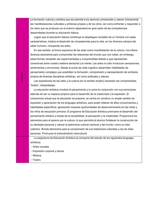 La formación cultural y artística que les permita a los alumnos comprender y valorar críticamente
          las manifestaciones culturales y artísticas propias y de los otros, así como enfrentar y responder a
          los retos que se producen en el entorno dependerá en gran parte de las competencias
          desarrolladas durante su educación básica.
             Lograr que la educación básica contribuya al despliegue completo de un hombre con estas
          características, implica el desarrollo de competencias para la vida, en los diversos campos del
          saber humano, incluyendo las artes.
             En ese sentido, la forma expresiva de las artes como manifestación de la cultura, nos ofrece
          diversos escenarios para comprender las relaciones del mundo que nos rodea, sin embargo,
          estas formas necesitan ser experimentadas y comprendidas debido a que representan
          conexiones entre nuestro sistema sensorial y la mente. Las artes no sólo involucran sensaciones,
          sentimientos y emociones. Desde el punto de vista cognitivo desarrollan habilidades de
          pensamiento complejos que posibilitan la formación, comprensión y representación de símbolos
Enfoque




          propios de diversas disciplinas artísticas, así como actitudes y valores.
             Las expresiones de las artes y la cultura (en el sentido amplio) necesitan ser comprendidas,
          “leídas”, interpretadas.
             La educación artística moviliza el pensamiento y lo pone en conjunción con sus emociones,
          además de ser un espacio propicio para el desarrollo de la creatividad y la expresión. El
          compromiso actual que la educación se propone, se centra en construir un amplio sentido de
          expresión y apreciación de los lenguajes artísticos, para poder obtener de ellos conocimientos y
          habilidades específicos, generando mayores oportunidades de desenvolvimiento en las niñas y
          los niños de educación primaria. El programa de Educación Artística promueve el desarrollo del
          pensamiento artístico a través de la sensibilidad, la percepción y la creatividad. Proporciona los
          elementos para el aprecio por la cultura, lo que permitirá al alumno fortalecer la construcción de
          su identidad personal y valorar el patrimonio cultural nacional y del mundo, como un bien
          colectivo. Brinda elementos para la comprensión de sus tradiciones culturales y las de otras
          personas. Promueve el entendimiento intercultural.
             La asignatura de Educación Artística se compone del estudio de los siguientes lenguajes
          artísticos:
           • Artes visuales.
           • Expresión corporal y danza.
           • Música.
           • Teatro.
 