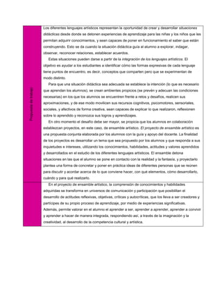 Los diferentes lenguajes artísticos representan la oportunidad de crear y desarrollar situaciones
                       didácticas desde donde se detonen experiencias de aprendizaje para las niñas y los niños que les
                       permitan adquirir conocimientos, y sean capaces de poner en funcionamiento el saber que están
                       construyendo. Esto se da cuando la situación didáctica guía al alumno a explorar, indagar,
                       observar, reconocer relaciones, establecer acuerdos.
                          Estas situaciones pueden darse a partir de la integración de los lenguajes artísticos. El
                       objetivo es ayudar a los estudiantes a identificar cómo las formas expresivas de cada lenguaje
                       tiene puntos de encuentro, es decir, conceptos que comparten pero que se experimentan de
                       modo distinto.
                          Para que una situación didáctica sea adecuada se establece la intención (lo que es necesario
Propuesta de trabajo




                       que aprendan los alumnos), se crean ambientes propicios (se prevén y adecuan las condiciones
                       necesarias) en los que los alumnos se encuentren frente a retos y desafíos, realicen sus
                       aproximaciones, y de ese modo movilicen sus recursos cognitivos, psicomotores, sensoriales,
                       sociales, y afectivos de forma creativa, sean capaces de explicar lo que realizaron, reflexionen
                       sobre lo aprendido y reconozca sus logros y aprendizajes.
                          En otro momento el desafío debe ser mayor, se propicia que los alumnos en colaboración
                       establezcan proyectos, en este caso, de ensamble artístico. El proyecto de ensamble artístico es
                       una propuesta conjunta elaborada por los alumnos con la guía y apoyo del docente. La finalidad
                       de los proyectos es desarrollar un tema que sea propuesto por los alumnos y que responda a sus
                       inquietudes e intereses, utilizando los conocimientos, habilidades, actitudes y valores aprendidos
                       y desarrollados en el estudio de los diferentes lenguajes artísticos. El ensamble detona
                       situaciones en las que el alumno se pone en contacto con la realidad y la fantasía, y proyectarlo
                       plantea una forma de concretar y poner en práctica ideas de diferentes personas que se reúnen
                       para discutir y acordar acerca de lo que conviene hacer, con qué elementos, cómo desarrollarlo,
                       cuándo y para qué realizarlo.
                          En el proyecto de ensamble artístico, la comprensión de conocimientos y habilidades
                       adquiridas se transforma en universos de comunicación y participación que posibilitan el
                       desarrollo de actitudes reflexivas, objetivas, críticas y autocríticas, que los lleva a ser creadores y
                       partícipes de su propio proceso de aprendizaje, por medio de experiencias significativas.
                       Además, permite valorar en el alumno el aprender a ser, aprender a aprender, aprender a convivir
                       y aprender a hacer de manera integrada, respondiendo así, a través de la imaginación y la
                       creatividad, al desarrollo de la competencia cultural y artística.
 