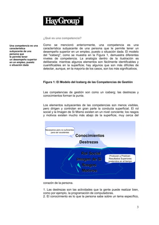 ¿Qué es una competencia?

Una competencia es una   Como se mencionó anteriormente, una competencia es una
característica           característica subyacente de una persona que le permite tener un
subyacente de una        desempeño superior en un empleo, puesto o situación dada. El modelo
persona que
                         del "iceberg", como se muestra en la Figura 1, demuestra diferentes
le permite tener
un desempeño superior    niveles de competencia. La analogía dentro de la ilustración es
en un empleo, puesto     deliberada: mientras algunos elementos son fácilmente identificables y
o situación dada         cuantificables en la superficie; hay algunos que son más difíciles de
                         detectar, aunque, en la mayoría de los casos, son los más significativos.



                         Figura 1: El Modelo del Iceberg de las Competencias de Gestión


                         Las competencias de gestión son como un iceberg; las destrezas y
                         conocimientos forman la punta.


                         Los elementos subyacentes de las competencias son menos visibles,
                         pero dirigen y controlan en gran parte la conducta superficial. El rol
                         social y la Imagen de Si Mismo existen en un nivel conciente; los rasgos
                         y motivos existen mucho más abajo de la superficie, muy cerca del



                          Necesarios pero no suficientes
                               para ser excelentes
                                                           Conocimientos
                                                            Destrezas

                                                             Rol Social
                                                                            Producen y Predicen
                                                           Imagen de Si    Resultados Superiores
                                                                           sostenidos en el tiempo
                                                             Rasgos
                                                             Motivos


                         corazón de la persona.
                         WORKING
                         1. Las destrezas son las actividades que la gente puede realizar bien,
                         como por ejemplo, la programación de computadoras.
                         2. El conocimiento es lo que la persona sabe sobre un tema específico,


                                                                                                     3
 