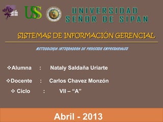 SISTEMAS DE INFORMACIÓN GERENCIAL
Alumna : Nataly Saldaña Uriarte
Docente : Carlos Chavez Monzón
Abril - 2013
 Ciclo : VII – “A”
 