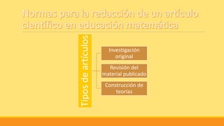 Tiposdeartículos
Investigación
original
Revisión del
material publicado
Construcción de
teorías
 