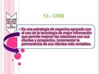 • Es una estrategia de negocios apoyada con
el uso de la tecnología de mejor información
que permite mejorar las relaciones con sus
clientes y prospectos, incrementar la
permanencia de sus clientes más rentables.
12.- CRM
 
