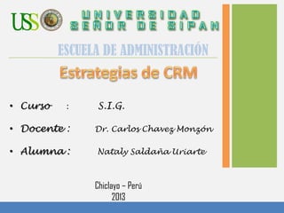 • Curso : S.I.G.
• Docente : Dr. Carlos Chavez Monzón
• Alumna : Nataly Saldaña Uriarte
Chiclayo – Perú
2013
ESCUELA DE ADMINISTRACIÓN
 